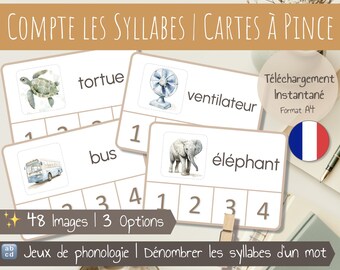 French Syllable Clip Cards | Phonics Cards | Count & Clip Cards |  Syllable Activity | Montessori inspired | Printable