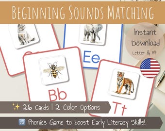 Beginning Sounds Matching Activity | Matching Initial Sounds | Phonics Cards | Animals-themed | Montessori inspired | Printable