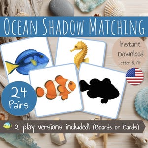 Ocean Animals Shadow Matching Game | 24 Pairs | 24 Picture & Silhouette Cards + Shadow Boards | Under the Sea Theme | Preschool Kindergarten