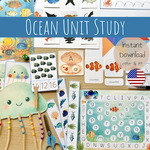 Peut inclure: Matériel pédagogique sur le thème de l'océan. Comprend des cartes flash avec des illustrations de poissons, un jeu de recherche de mots, des cartes de nombres et une impression avec le texte "Ocean Unit Study".
