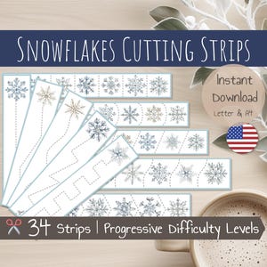 May include: A set of 34 printable snowflake cutting strips for kids. The strips feature different levels of difficulty, starting with simple lines and progressing to more complex shapes. The strips are designed to help children develop their fine motor skills and hand-eye coordination.  The text "Instant Download Letter & A4" is also visible in the image.