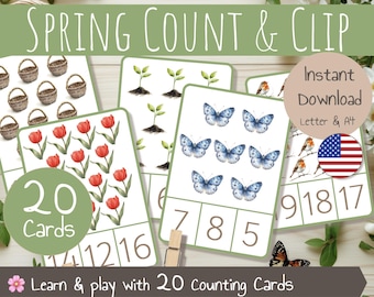 Spring Count and Clip Cards 1-20 – Counting Activity one to twenty – Preschool and Kindergarten Activity – Printable Numbers Cards