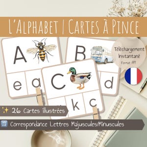 Cartes à pinces correspondance de lettres | Cartes en Français | Correspondance Majuscules et Minuscules | Ressource Éducative Montessori
