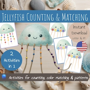 May include: A children's educational activity set featuring a watercolor jellyfish theme. The image includes cards with jellyfish illustrations, counting numbers, and the text "Jellyfish Counting & Matching". The set includes 2 activities in 1, for counting, color matching & patterns.