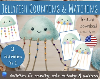Jellyfish Counting and Color Matching | Ocean Bead Lacing Set | Bead Threading Game | Fine Motor Activities for Kids | Preschool Printable