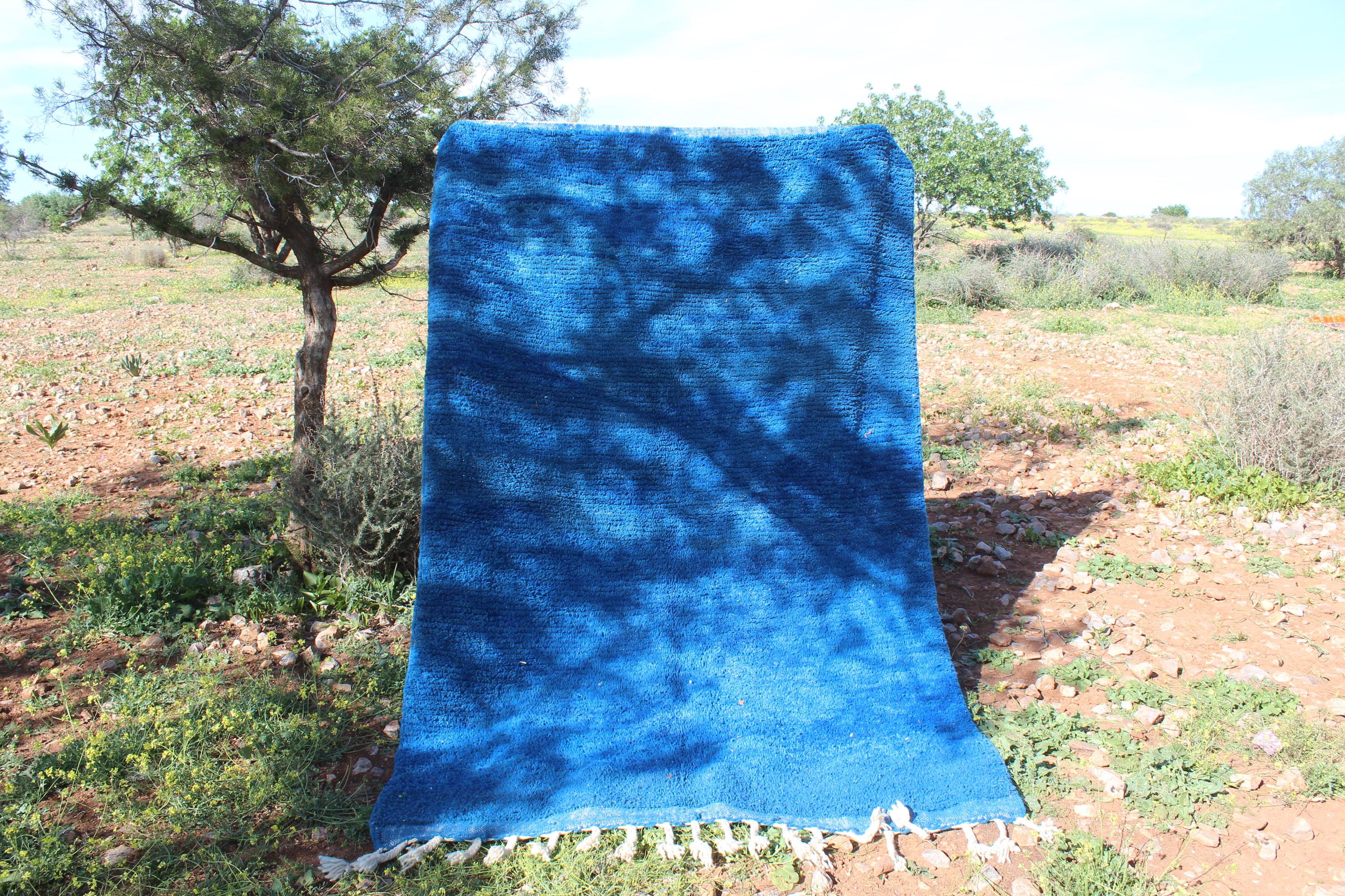 Vintage Blue Rug Artistic Design Genuine Moroccan Boujaad Rug
