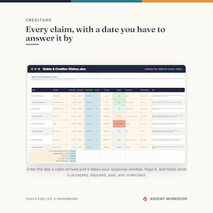 May include: A digital spreadsheet titled Debts & Creditor Claims.xlsx displaying columns for creditor, date of claim, amount, and response status. The table includes colour-coded cells for payment status and totals for accepted, disputed, paid, and undecided claims.