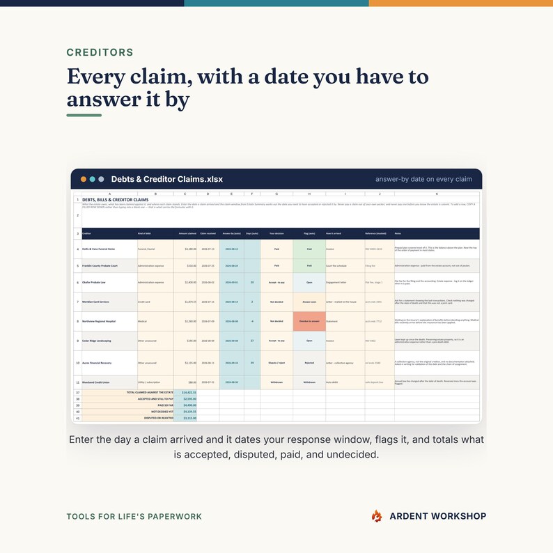 May include: A digital spreadsheet titled Debts & Creditor Claims.xlsx displaying columns for creditor, date of claim, amount, and response status. The table includes colour-coded cells for payment status and totals for accepted, disputed, paid, and undecided claims.