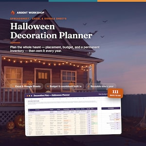 May include: A digital Halloween Decoration Planner spreadsheet for Excel and Google Sheets. The interface displays a table with columns for date, description, category, priority, status, and budget. An orange badge shows 111 days to go.
