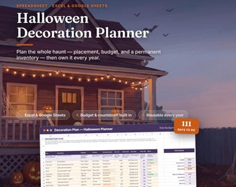 Planilha de planejamento de decoração de Halloween, Excel e Planilhas Google, orçamento, controle de estoque e contagem regressiva, listas de verificação para impressão.