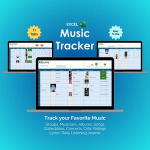 Plantilla de hoja de cálculo de seguimiento de colección de música Base de datos de discos de vinilo Organizador de listas de reproducción de canciones de álbumes Biblioteca digital Hoja de catálogo de música