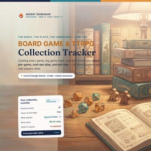 Board Game & TTRPG Collection Tracker, Excel and Google Sheets, Play Log, Cost Per Play, Campaign and Character Tracker Spreadsheet