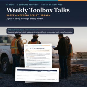 May include: A digital product titled Weekly Toolbox Talks Safety-Meeting Script Library featuring a year of safety meetings. The image displays a document page about ladder safety and a sign-in sheet, overlaid on a scene of construction workers.