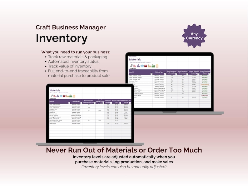 Craft Business Manager - Excel - Inventory - Never Run Out of Materials or Order Too Much - Inventory levels are adjusted automatically when you purchase materials, log production, and make sales