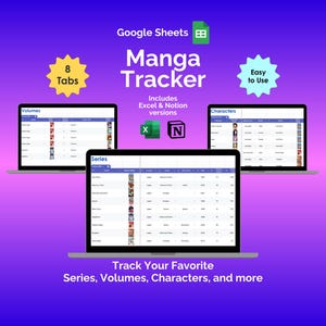 May include: A digital product advertisement for a Manga Tracker spreadsheet. The image shows three laptops displaying the tracker's interface, with the text "Manga Tracker" and "Track Your Favorite Series, Volumes, Characters, and more". The design includes icons and the text "8 Tabs" and "Easy to Use".