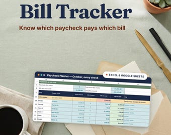 May include: A digital spreadsheet titled Bill Tracker and Paycheck Planner for October, displayed on a screen. The table includes columns for check amounts, bills to cover, and remaining balances. It is labeled for use in Excel and Google Sheets.
