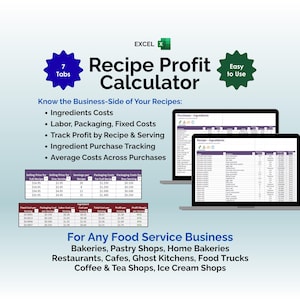 Recipe Cost Profit Calculator, Baking Ingredient Spreadsheet Home Baker Cake Costing Template Bakery Food Costs Excel Baking Pricing Tool