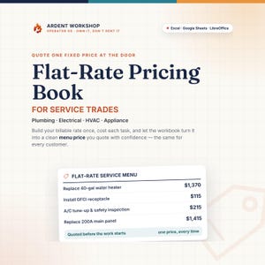 May include: A digital flat-rate pricing book for service trades including plumbing, electrical, HVAC, and appliance repair. The document features the Ardent Workshop logo, software compatibility labels, and a sample service menu with specific task pricing.