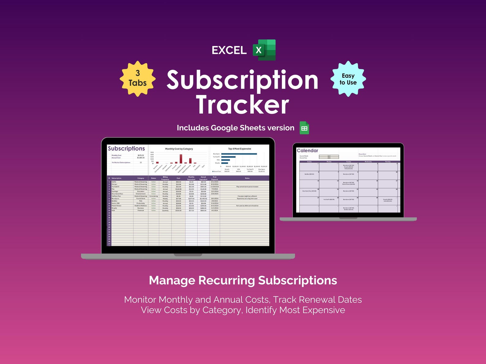 Subscription Tracker Excel Spreadsheet Template Recurring Expense ...