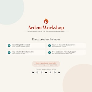 May include: A digital product information graphic for Ardent Workshop featuring a flame and wrench logo. Text includes: Every product includes, Instant Digital Download, Yours to Keep, No Subscription, Fully Editable & Customizable, Free Updates & Friendly Support, Have a question or need help?, and FOLLOW US ON SOCIAL MEDIA.