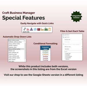 Craft Business Manager - Excel - Special Features - Easily Navigate with Quick Links, Automatic Drop-Down Lists, Conditional Formatting, Filter & Sort Each Table
