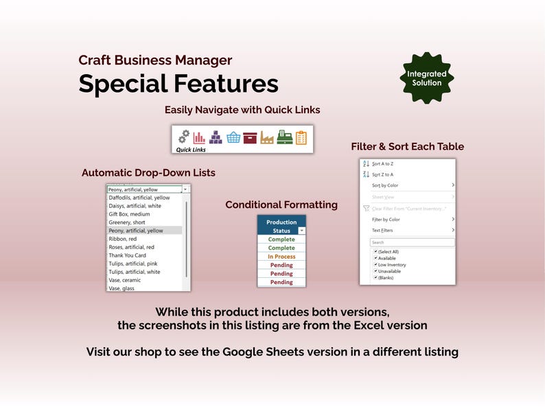 Craft Business Manager - Excel - Special Features - Easily Navigate with Quick Links, Automatic Drop-Down Lists, Conditional Formatting, Filter & Sort Each Table
