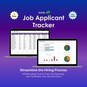 Puede incluir: Dos portátiles que muestran un rastreador de solicitantes de empleo. La pantalla izquierda muestra una hoja de cálculo con datos de solicitantes, mientras que la pantalla derecha presenta un panel con gráficos. El texto incluye "Job Applicant Tracker".