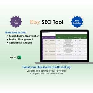 Etsy Keyword Research Tool Excel Spreadsheet Template SEO Optimization Listing Analyzer Tag Generator Shop Ranking Tracker Dashboard