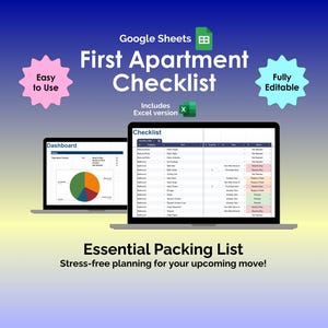 May include: A digital checklist for a first apartment, displayed on two laptops. The checklist includes an Excel version and is easy to use and fully editable. The image also includes a dashboard with a pie chart.
