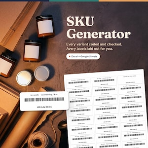 SKU Generator Excel, Inventory Spreadsheet with Variant SKU Builder, Duplicate & Clash Check, Code 39 Barcode Labels on Avery 5160