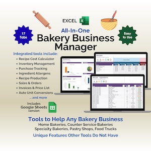 以下が含まれることがあります： Excelベースの「オールインワンベーカリービジネスマネージャー」の広告。レシピ計算、在庫、販売などの統合ツールが搭載されています。画像には、スプレッドシートを表示する3台のラップトップと、めん棒、泡立て器、Excelロゴのアイコンが表示されています。テキストには「Easy to Use」が含まれています。