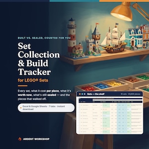 Może przedstawiać: Cyfrowy tracker kolekcji i budowania zestawów LEGO z interfejsem arkusza kalkulacyjnego zawierającym kolumny ze szczegółami zestawów, kosztami i liczbą elementów, obok półki z gotowymi modelami, takimi jak latarnia morska, zamek i statek.