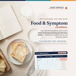 Peut inclure: Un journal numérique de suivi alimentaire et des symptômes par Ardent Workshop pour Excel et Google Sheets. L'image présente le titre, une description des fonctionnalités de suivi et un aperçu d'un tableur nommé Suspect Foods.xlsx.