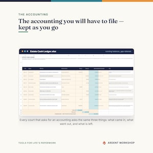 May include: A digital spreadsheet titled Estate Cash Ledger.xlsx featuring columns for date, category, description, payee, amount in, amount out, and running balance. The document includes text headers: The Accounting, The accounting you will have to file &mdash; kept as you go, and Every court that asks for an accounting asks the same three things: what came in, what went out, and what is left.