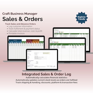Craft Business Manager - Excel - Sales & Orders - Integrated Sales & Order Log, Automatically calculates financial statistics, Automatically updates current stock levels as orders are fulfilled