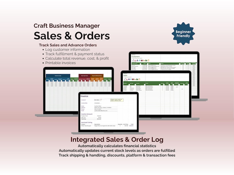 Craft Business Manager - Excel - Sales & Orders - Integrated Sales & Order Log, Automatically calculates financial statistics, Automatically updates current stock levels as orders are fulfilled