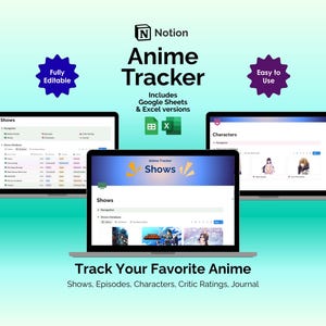 Puede incluir: Gráfico turquesa que promociona un Anime Tracker. La imagen muestra tres portátiles que muestran la interfaz del rastreador. El texto incluye "Anime Tracker", "Totalmente editable", "Fácil de usar" y "Sigue tu anime favorito."