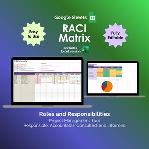 Puede incluir: Dos portátiles que muestran una herramienta de gestión de proyectos RACI Matrix. La imagen incluye el texto "Easy to Use" y "Fully Editable". Los portátiles están sobre un fondo degradado con el texto "Roles and Responsibilities".