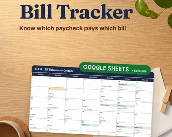 May include: A digital bill tracker template displayed on a screen, featuring a monthly calendar for October with entries for paydays and expenses. The interface includes text labels for Google Sheets and Excel file compatibility for financial planning.