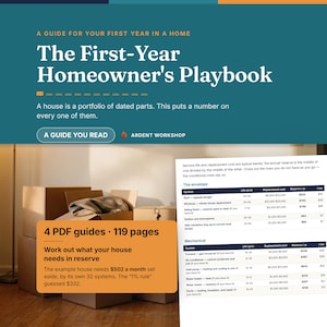 Puede incluir: Una guía digital titulada The First-Year Homeowner's Playbook, que consta de 119 páginas en 4 archivos PDF. El documento incluye una tabla que detalla la vida útil, los costos de reemplazo y las reservas mensuales para sistemas del hogar.
