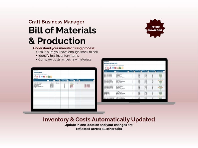 Craft Business Manager - Excel - Bill of Materials & Production - Inventory & Costs Automatically Updated, Update in one location and your changes are reflected across all other tabs