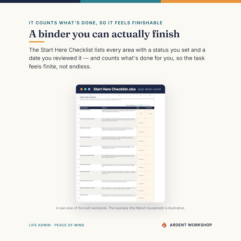 K&ouml;nnte beinhalten: Eine digitale Tabellenkalkulation mit dem Titel Start Here Checklist.xlsx auf einem Bildschirm. Das Dokument enth&auml;lt Spalten f&uuml;r Fokusbereich, Aufgaben, Status und Datum. Der Text dar&uuml;ber lautet: It counts what's done.