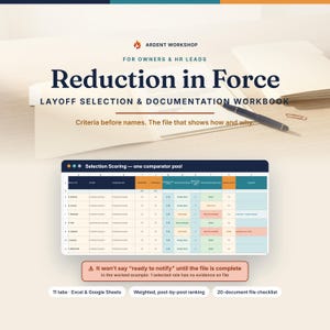 Puede incluir: Un libro de trabajo digital titulado Reduction in Force: Layoff Selection & Documentation Workbook para propietarios y líderes de RR. HH. Incluye una hoja de cálculo de puntuación de selección con columnas de puesto y rango.