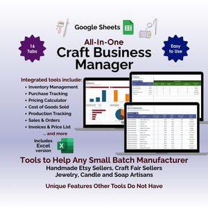 Op de afbeelding: Een afbeelding die een tool voor ambachtelijk bedrijfsbeheer promoot. De tekst luidt "All-In-One Craft Business Manager" met functies zoals voorraadbeheer en verkooptracking. De afbeelding toont drie laptops met spreadsheets en pictogrammen voor Google Sheets en Excel.