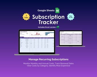 May include: A digital graphic promoting a subscription tracker for Google Sheets. The image shows two laptops displaying spreadsheets and a calendar. Text includes "Subscription Tracker," "Manage Recurring Subscriptions," and "Easy to Use."