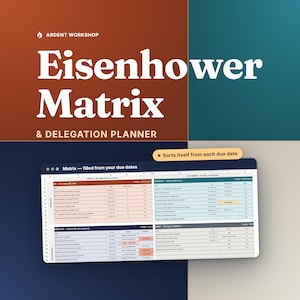 May include: A digital Eisenhower Matrix and delegation planner spreadsheet template with a four-quadrant layout. The interface displays tasks organised by urgency and importance, featuring columns for due dates, owners, and status, with a sorting feature.