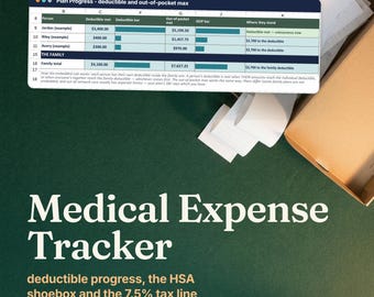May include: A medical expense tracker spreadsheet showing deductible and out-of-pocket progress for individuals and a family. The text reads Medical Expense Tracker, deductible progress, the HSA shoebox and the 7.5% tax line, with a cardboard box.