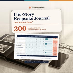 May include: A Life-Story Keepsake Journal titled Tell Me Your Story with 200 questions across ten eras of a life. The image displays a digital spreadsheet dashboard for tracking story coverage, alongside a photo album, glasses, and a smartphone.
