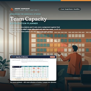 May include: A digital Team Capacity & Utilization Planner template for Excel, Google Sheets, and LibreOffice. The graphic displays a spreadsheet interface with rows of personnel data, utilisation percentages, and status flags alongside a wall planner.