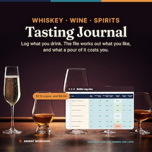 May include: A digital tasting journal for whiskey, wine, and spirits featuring a spreadsheet titled Bottle Log.xlsx. The text reads: WHISKEY WINE SPIRITS Tasting Journal. Log what you drink. The file works out what you like, and what a pour of it costs you. $1.12 a pour, and $8.04. Ardent Workshop.